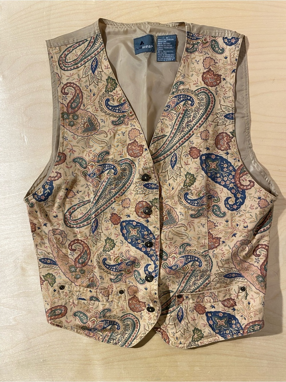 Liz Wear Paisley Button Front Vest in Beige, Blue, Green Medium (RP)